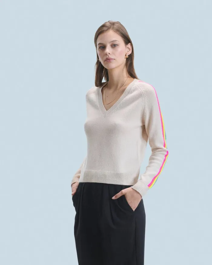 Women Cashmere Sweaters From Future VNeck Sweater With Multicolor Stripes Sand Women Cashmere Sweaters From Future VNeck Sweater With Multicolor Stripes Sand