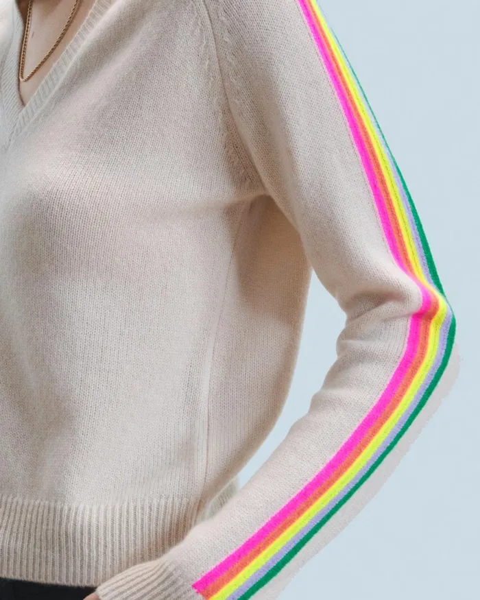 Women Cashmere Sweaters From Future VNeck Sweater With Multicolor Stripes Sand