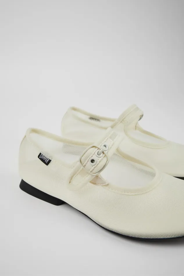 Women Casi Myra White Textile Mary Jane Camper Ballerinas