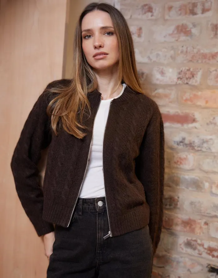Women Chocolate Cable Knit ZipUp Bomber Jacket Threadbare Jackets