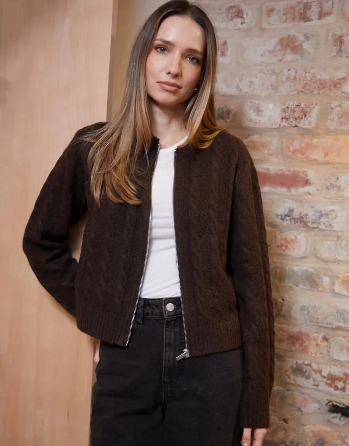 Women Chocolate Cable Knit ZipUp Bomber Jacket Threadbare Jackets Women Chocolate Cable Knit ZipUp Bomber Jacket Threadbare Jackets