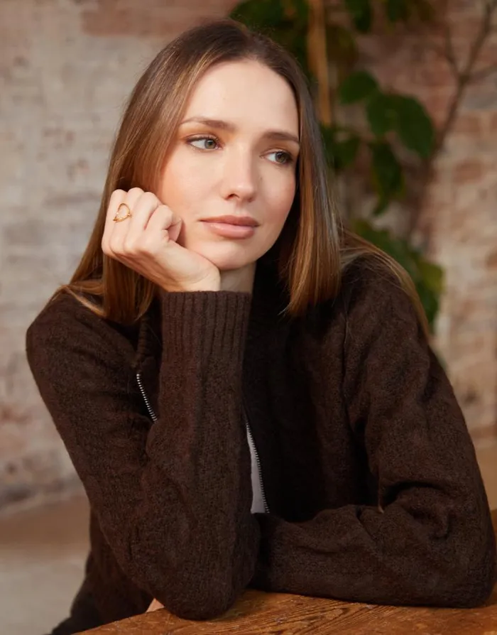 Women Chocolate Cable Knit ZipUp Bomber Jacket Threadbare Jackets Women Chocolate Cable Knit ZipUp Bomber Jacket Threadbare Jackets