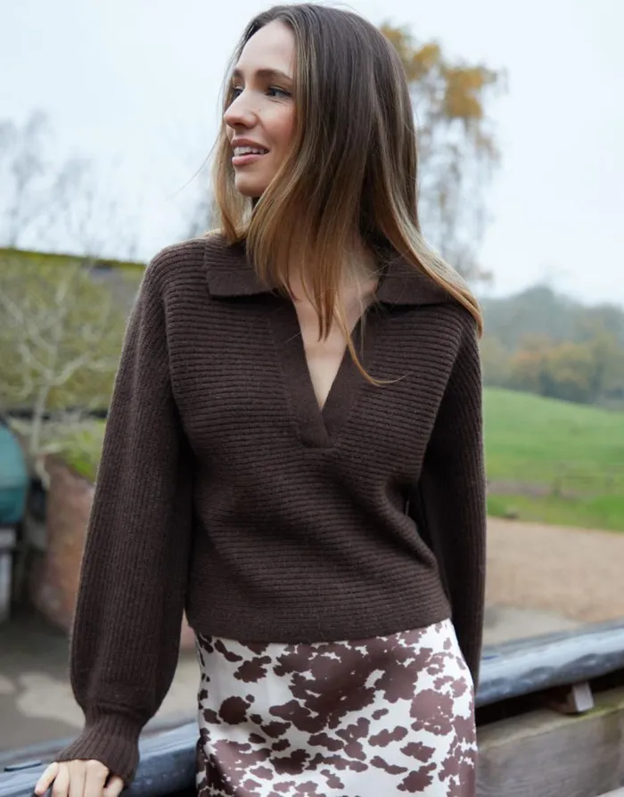 Women Chocolate Trophy Neck Pullover Knitted Jumper Threadbare Jumpers