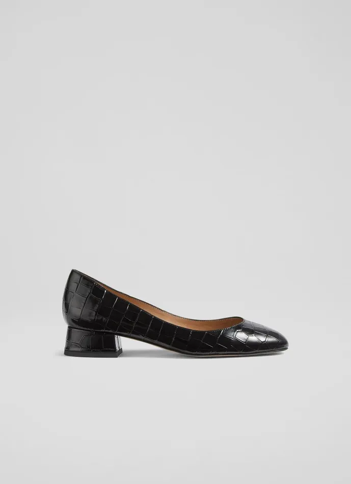 Women Court Shoes LKBennett Blaine Black Croc Effect Pumps Black