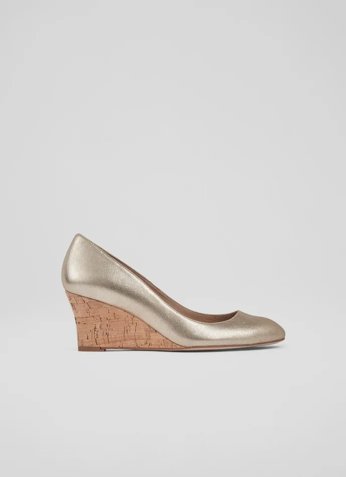 Women Court Shoes LKBennett Eevi Gold Suede Cork Wedges Gold