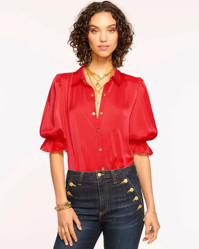 Women Dina Button Down Bodysuit Red Swirl Ramy Brook Tops