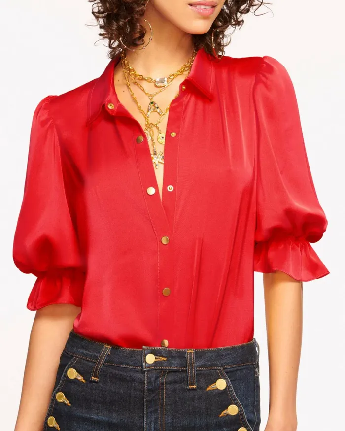 Women Dina Button Down Bodysuit Red Swirl Ramy Brook Tops Women Dina Button Down Bodysuit Red Swirl Ramy Brook Tops