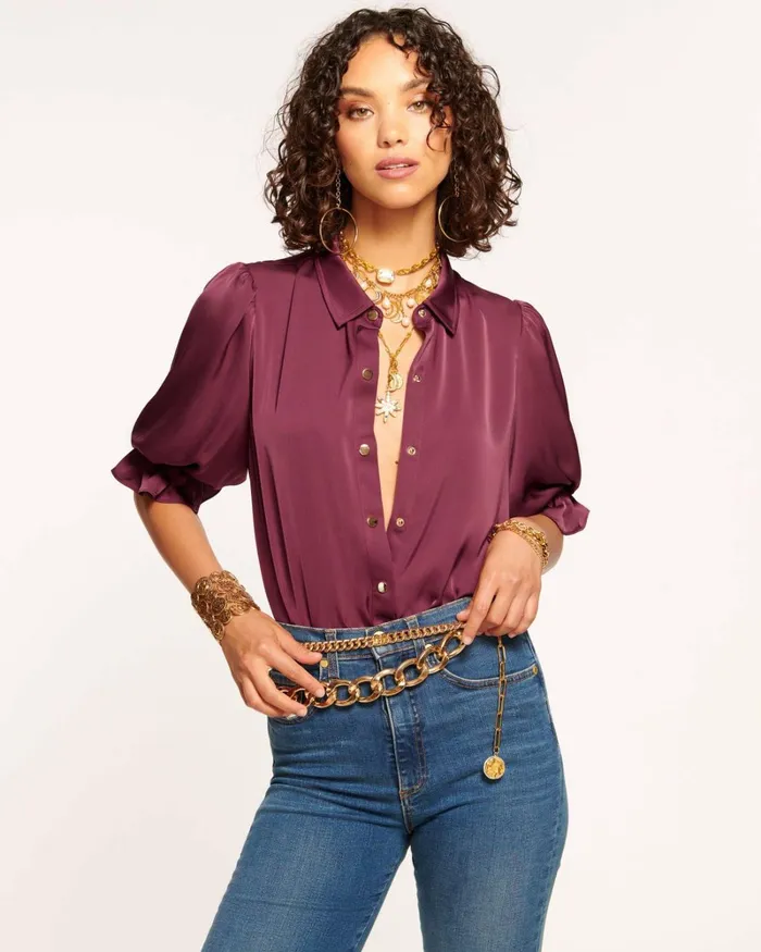 Women Dina Button Down Bodysuit Red Swirl Ramy Brook Tops Women Dina Button Down Bodysuit Red Swirl Ramy Brook Tops