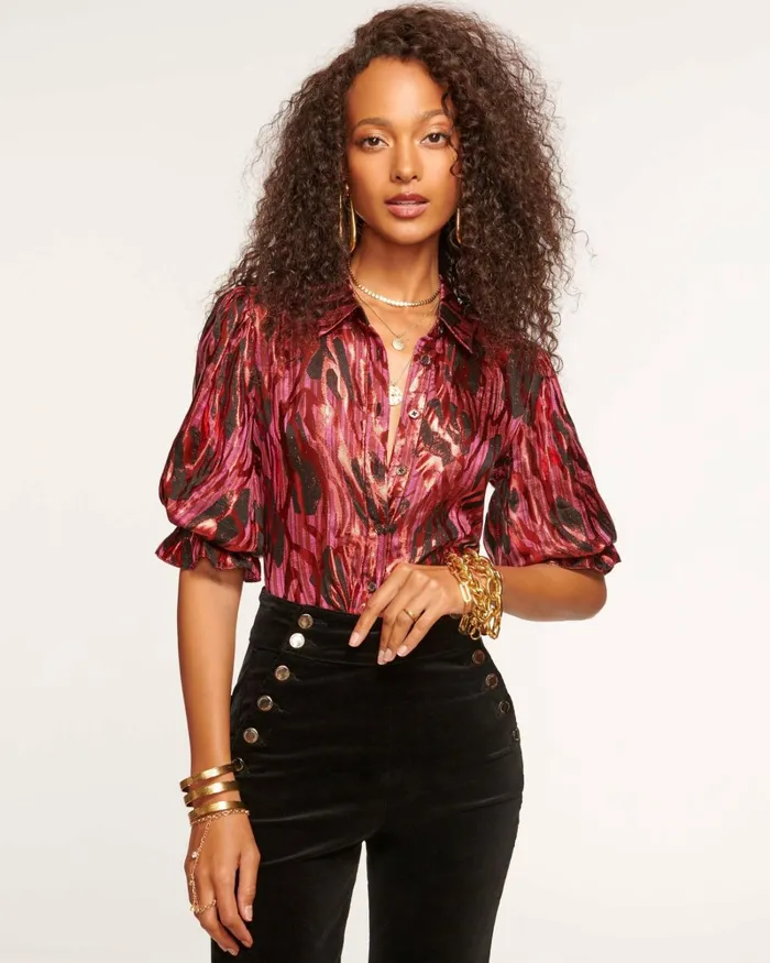 Women Dina Button Down Bodysuit Red Swirl Ramy Brook Tops Women Dina Button Down Bodysuit Red Swirl Ramy Brook Tops