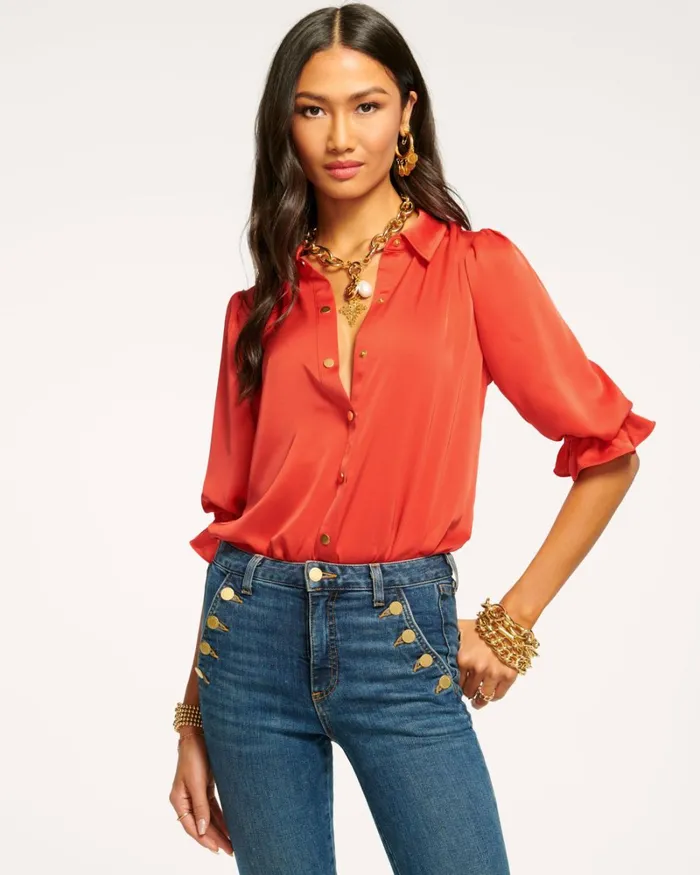 Women Dina Button Down Bodysuit Red Swirl Ramy Brook Tops Women Dina Button Down Bodysuit Red Swirl Ramy Brook Tops