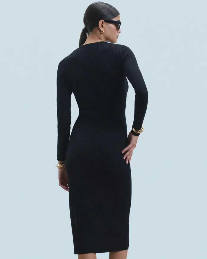 Women Dresses and Jumpsuits From Future Long Sleeve Ribbed Slit Long Dress Black