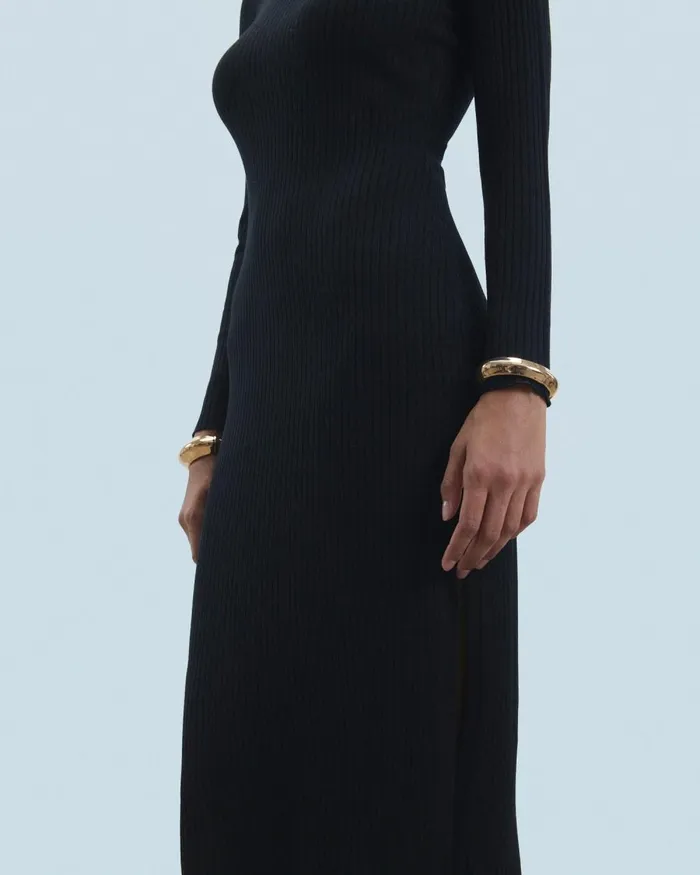 Women Dresses and Jumpsuits From Future Long Sleeve Ribbed Slit Long Dress Black