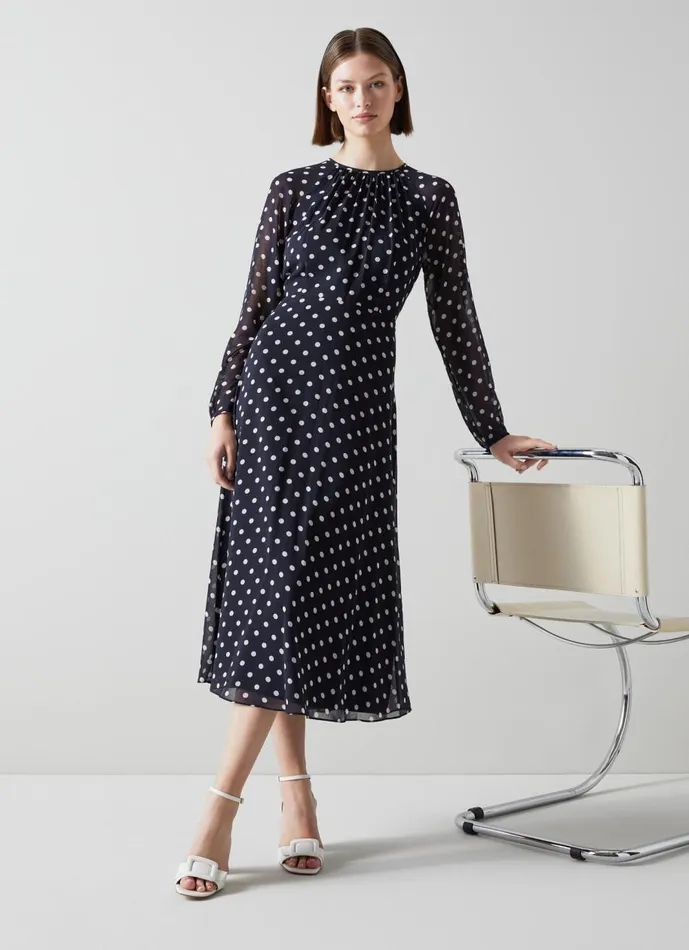 Women Dresses LKBennett Addison Navy And Cream Spot Recycled Polyester Dress Navy Blue
