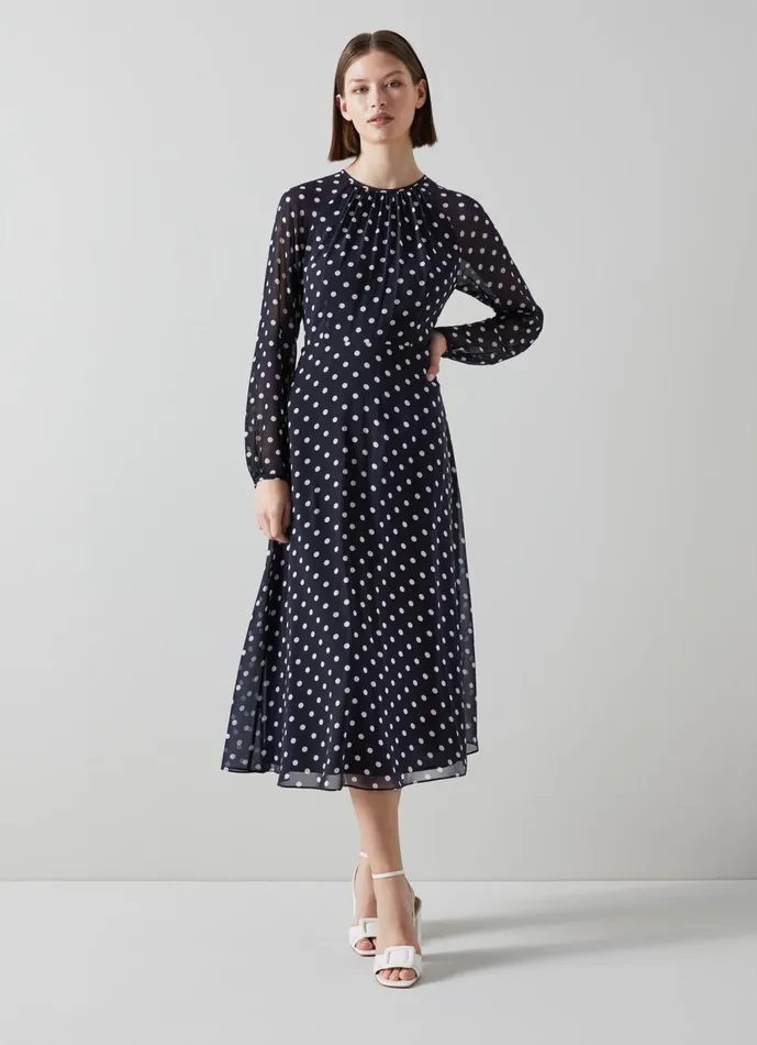 Women Dresses LKBennett Addison Navy And Cream Spot Recycled Polyester Dress Navy Blue