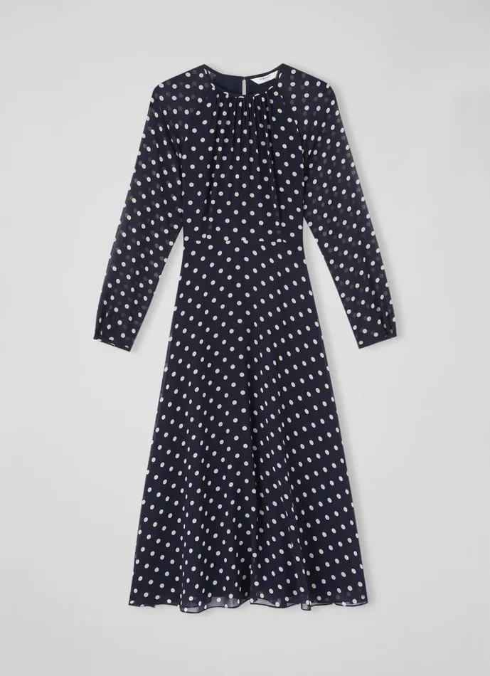 Women Dresses LKBennett Addison Navy And Cream Spot Recycled Polyester Dress Navy Blue