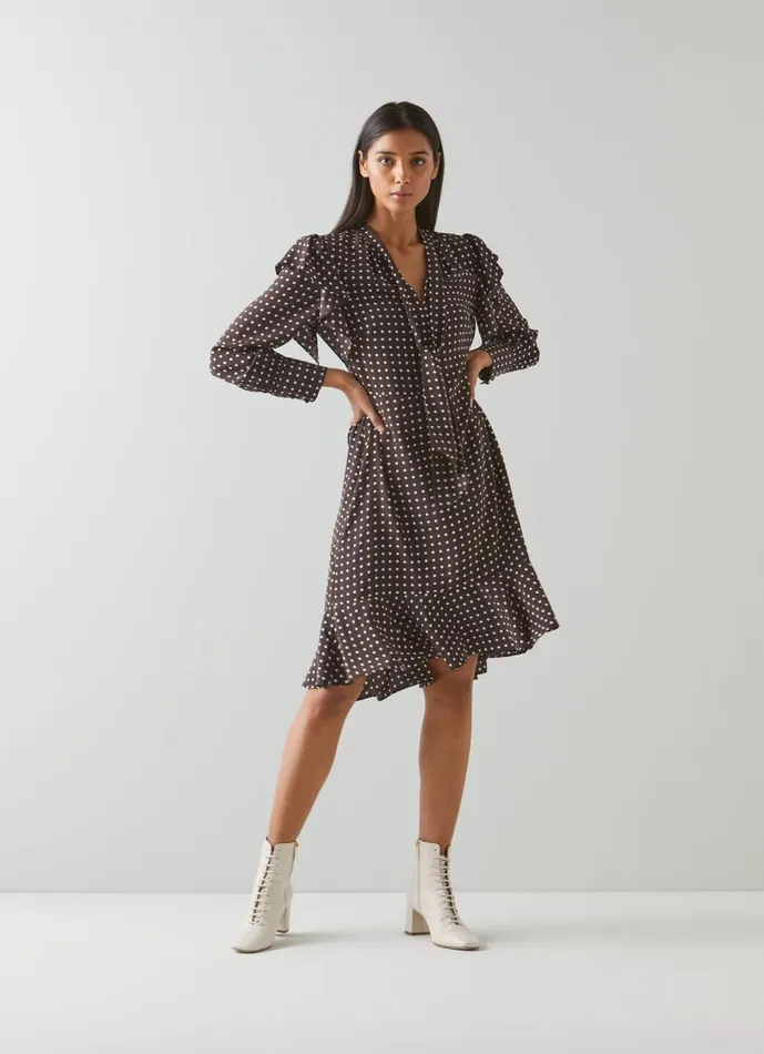 Women Dresses LKBennett Elizabeth Brown And Cream Polka Dot Silk Dress Brown
