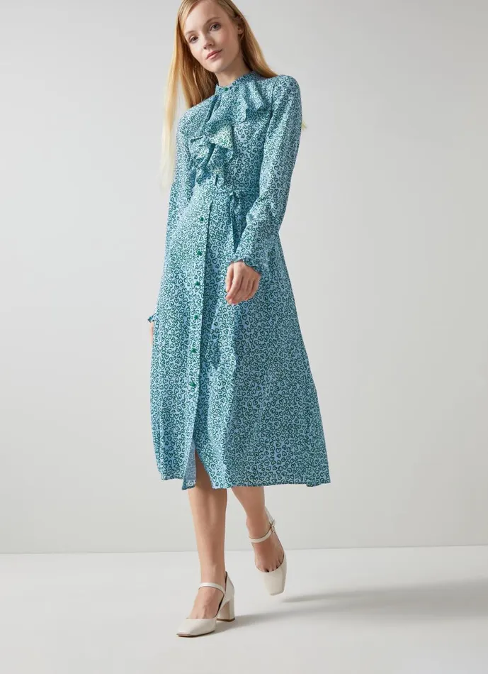 Women Dresses LKBennett Soni Blue And Green Heart Print Silk Dress Green Blue