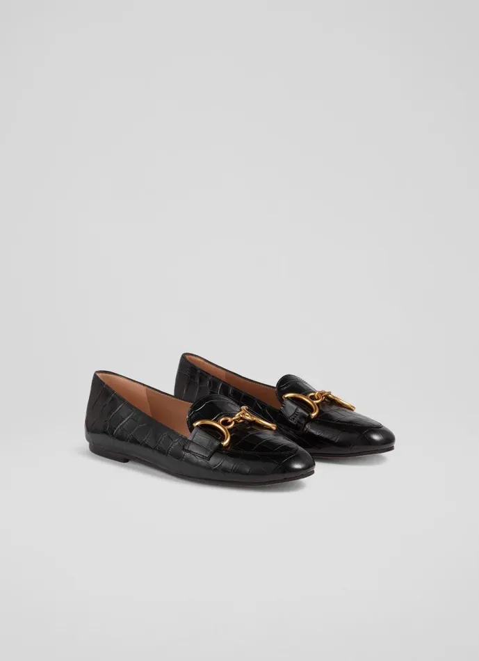 Women Flats LKBennett Daphne Black CrocEffect Leather Loafers Black Women Flats LKBennett Daphne Black CrocEffect Leather Loafers Black