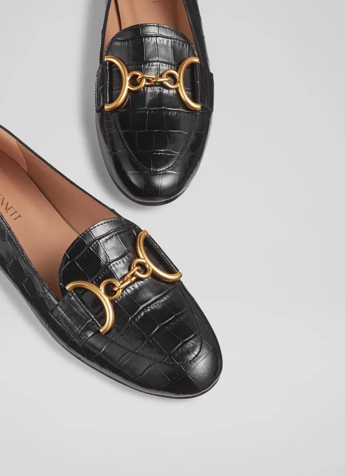 Women Flats LKBennett Daphne Black CrocEffect Leather Loafers Black Women Flats LKBennett Daphne Black CrocEffect Leather Loafers Black