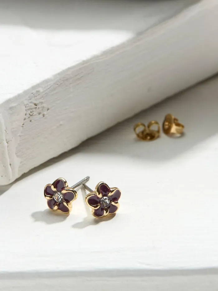 Women Jewellery Fat Face Purple Enamel Flower Stud Earrings