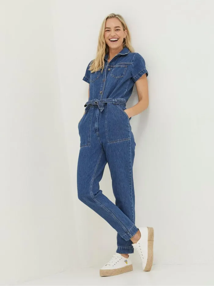 Women Jumpsuits and Playsuits Fat Face Blue Imogen Short Sleeve Boilersuit