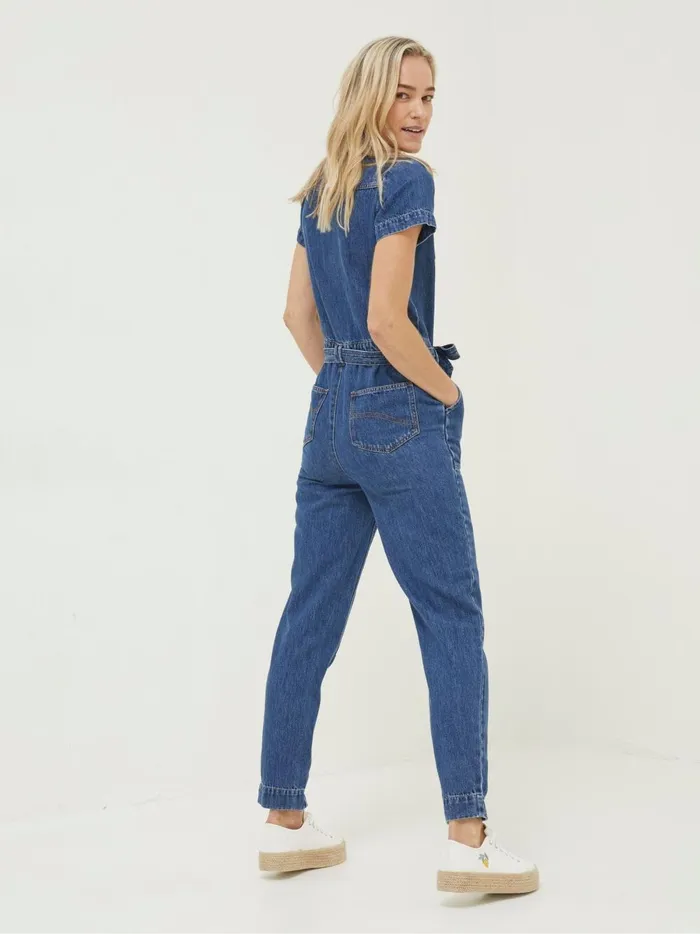 Women Jumpsuits and Playsuits Fat Face Blue Imogen Short Sleeve Boilersuit