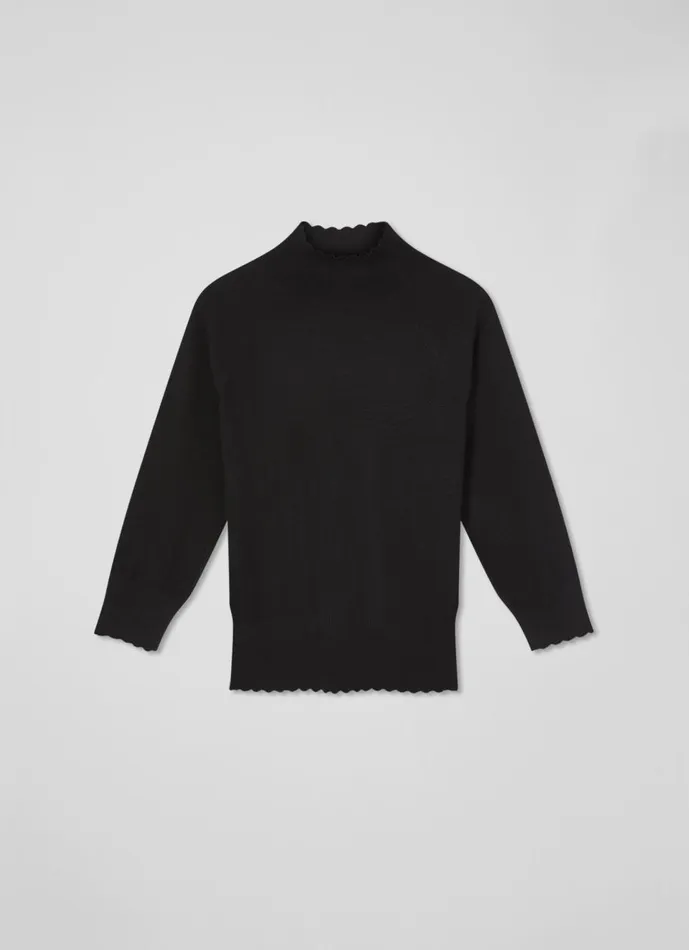 Women Knitwear LKBennett Betty Black Sustainably Sourced Merino Wool Scallop Edge Jumper Black