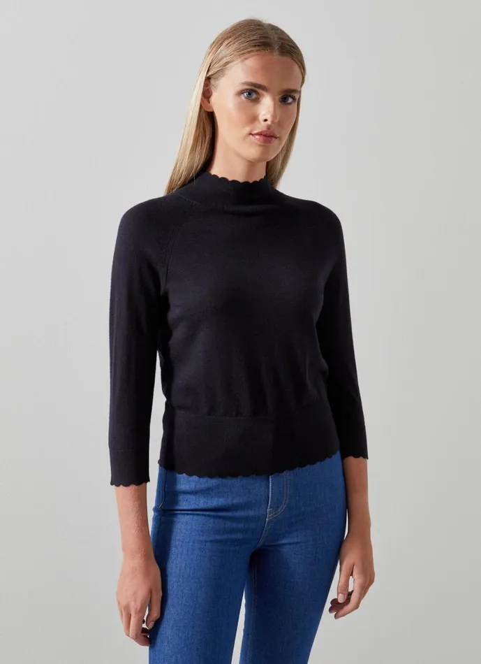 Women Knitwear LKBennett Betty Navy Sustainably Sourced Merino Wool Scallop Edge Jumper Midnight