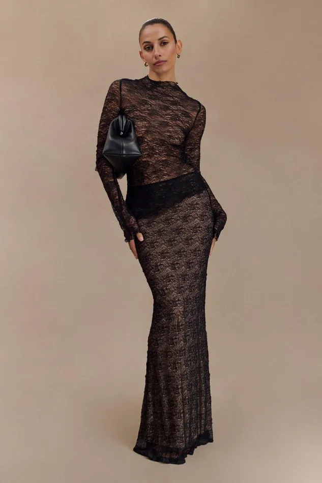 Women Meshki Bottoms Robyn Sheer Lace Maxi Skirt 8211 Black