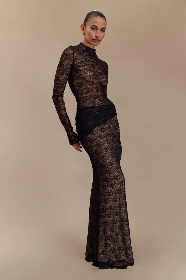 Women Meshki Bottoms Robyn Sheer Lace Maxi Skirt 8211 Black