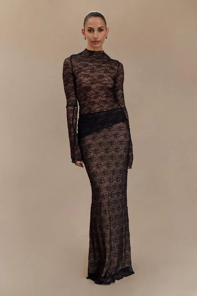 Women Meshki Bottoms Robyn Sheer Lace Maxi Skirt 8211 Black