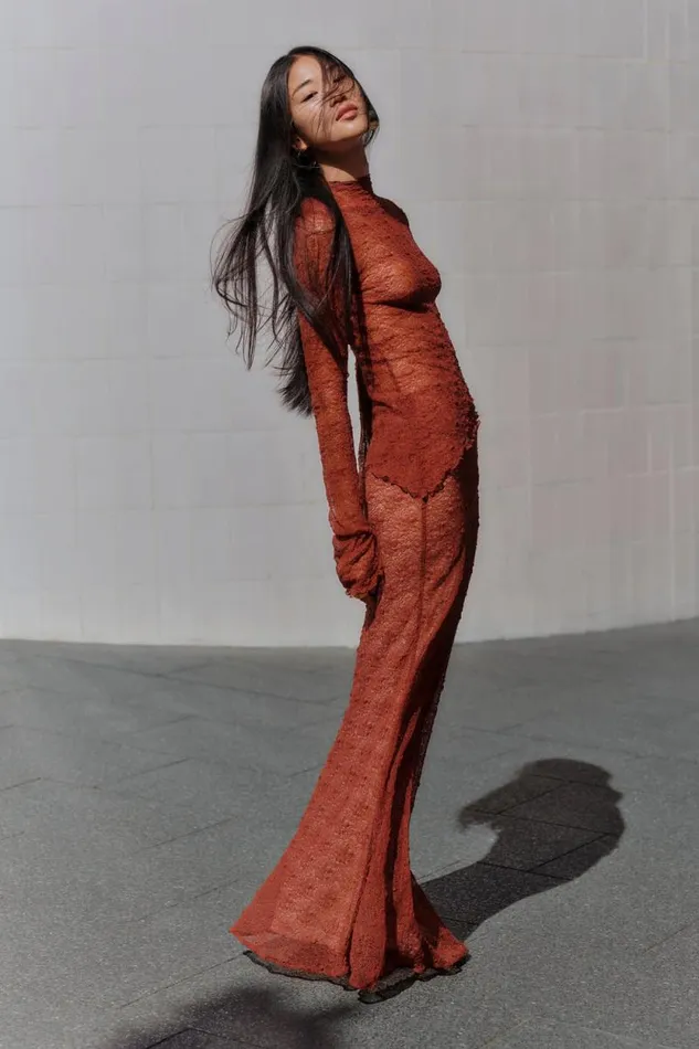 Women Meshki Bottoms Robyn Sheer Lace Maxi Skirt 8211 Chilli