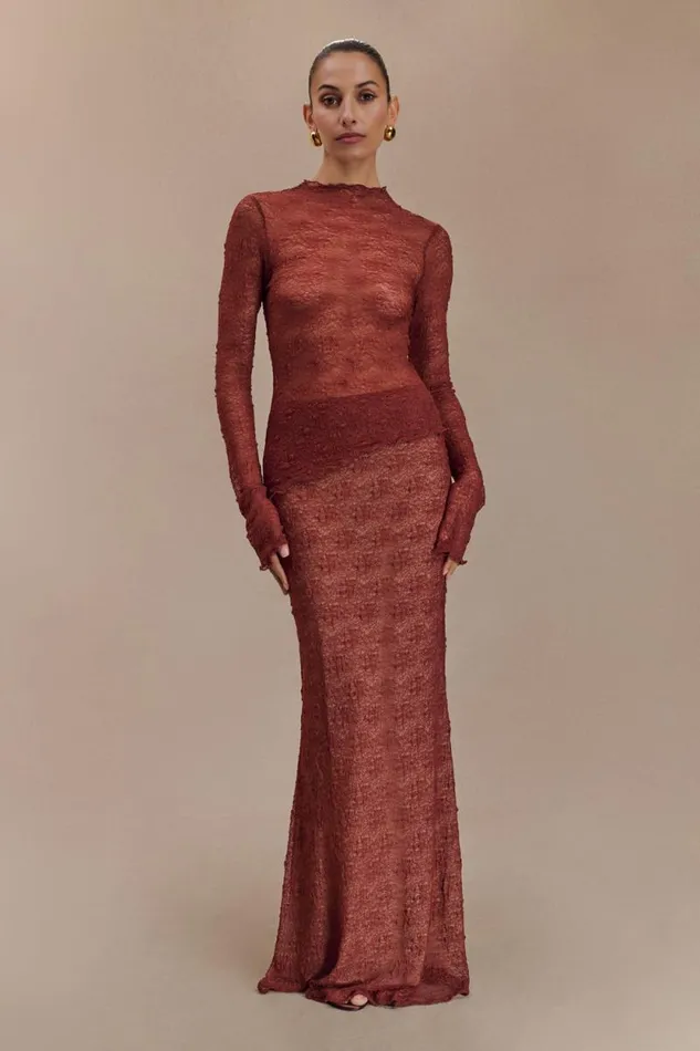 Women Meshki Bottoms Robyn Sheer Lace Maxi Skirt 8211 Chilli