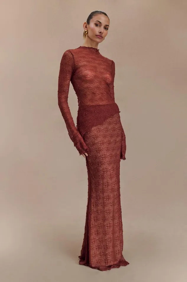 Women Meshki Bottoms Robyn Sheer Lace Maxi Skirt 8211 Chilli