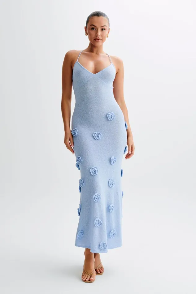 Women Meshki Bottoms Suki Knit Maxi Dress With Flowers 8211 Light Blue