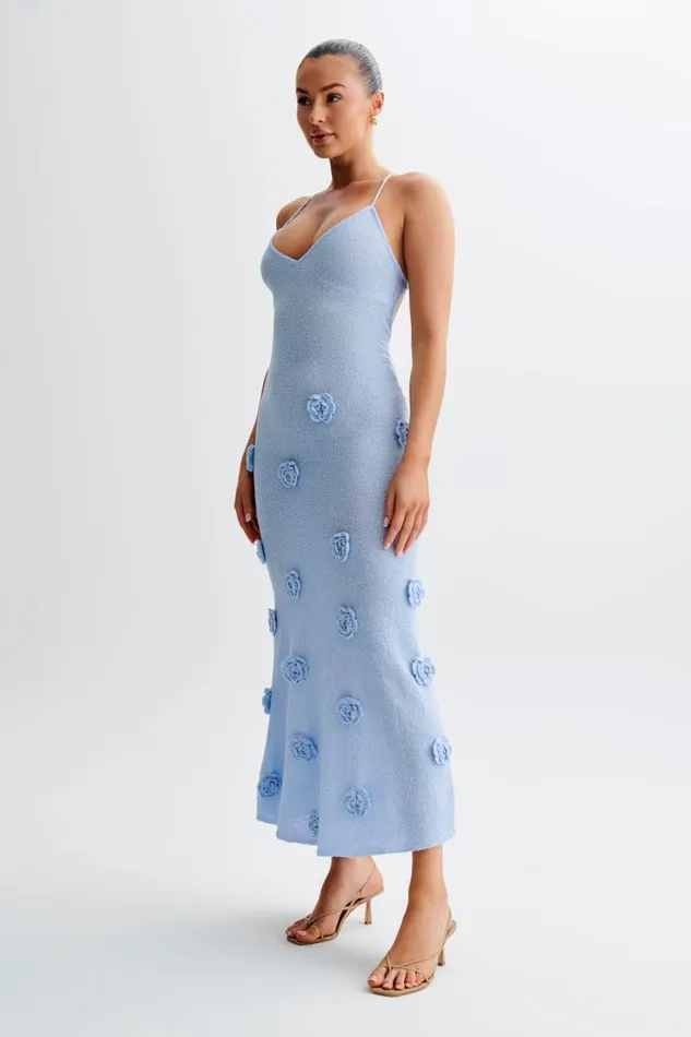 Women Meshki Bottoms Suki Knit Maxi Dress With Flowers 8211 Light Blue