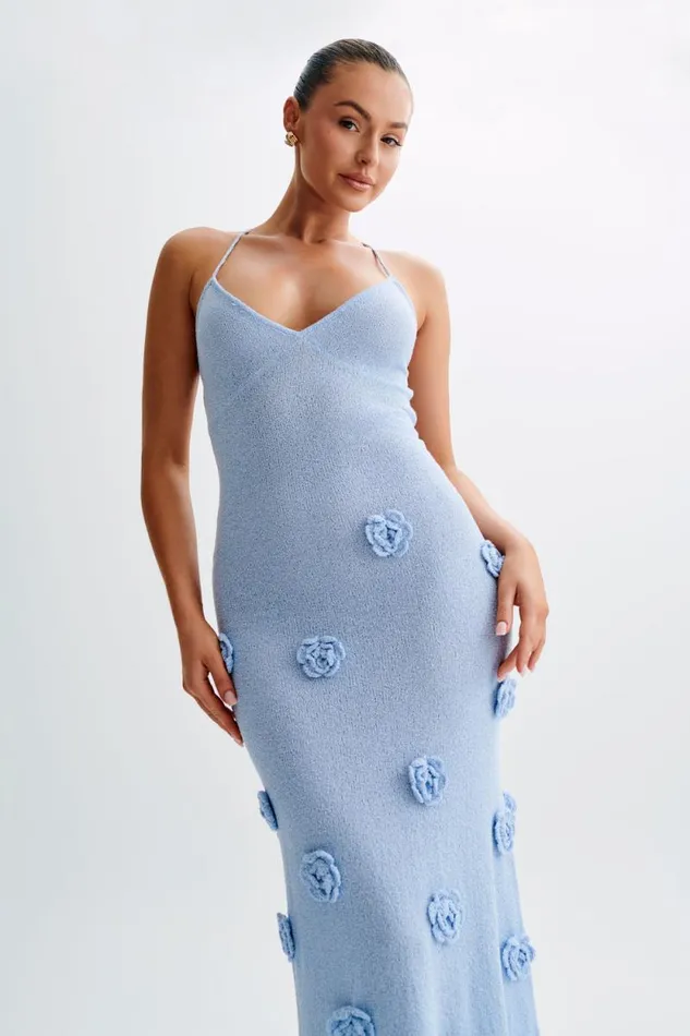 Women Meshki Bottoms Suki Knit Maxi Dress With Flowers 8211 Light Blue