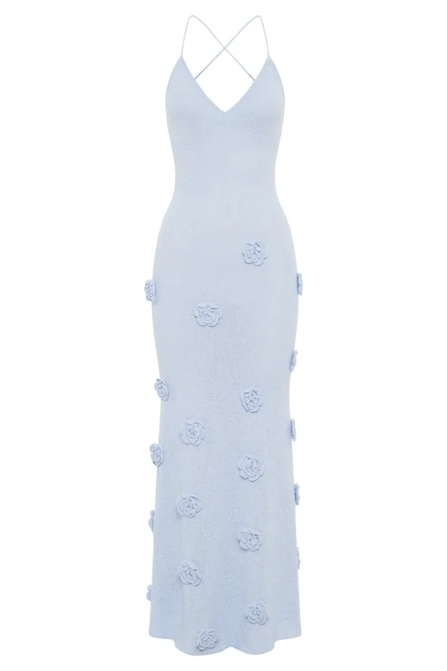 Women Meshki Bottoms Suki Knit Maxi Dress With Flowers 8211 Light Blue
