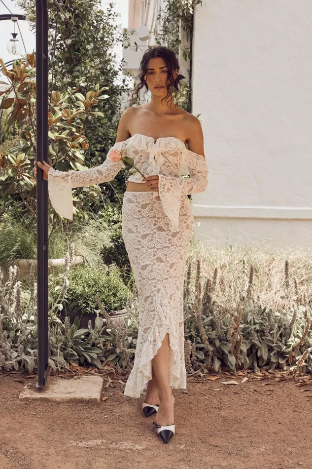 Women Meshki Dresses Artemis Lace Plisse Maxi Skirt 8211 Ivory