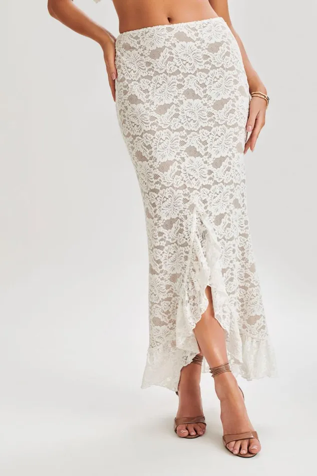 Women Meshki Dresses Artemis Lace Plisse Maxi Skirt 8211 Ivory