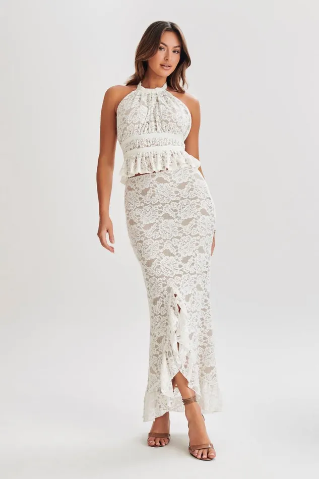Women Meshki Dresses Artemis Lace Plisse Maxi Skirt 8211 Ivory