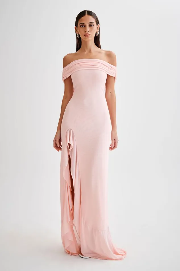 Women Meshki Dresses Audrey Off Shoulder Mesh Maxi Dress 8211 Pale Pink