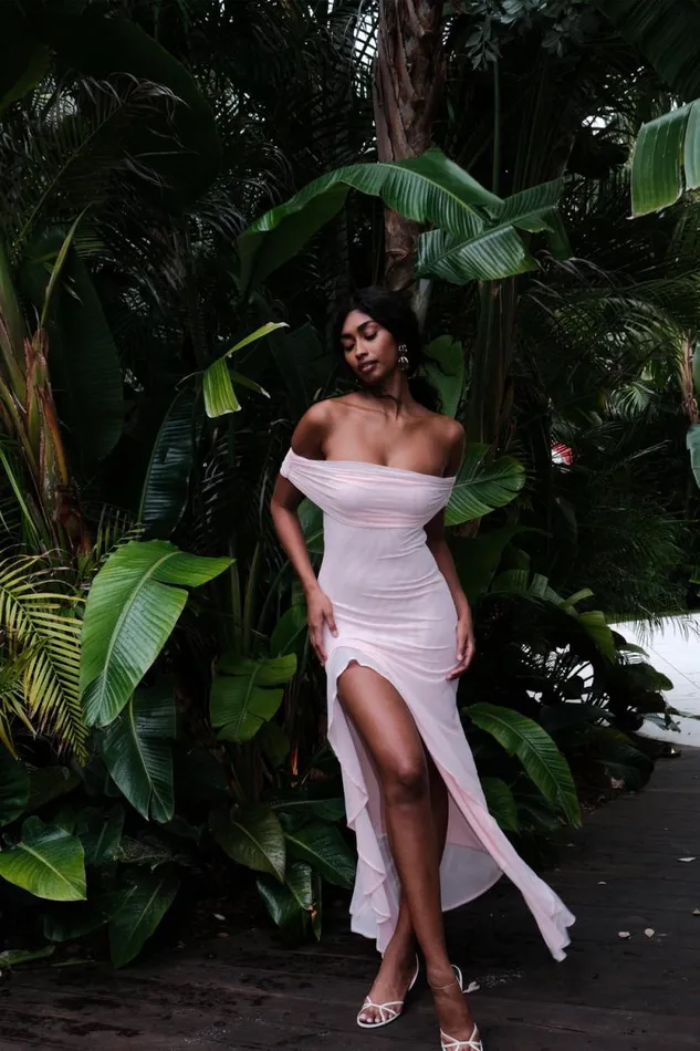 Women Meshki Dresses Audrey Off Shoulder Mesh Maxi Dress 8211 Pale Pink