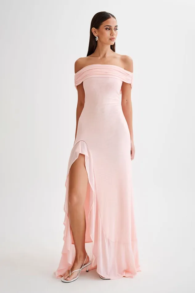 Women Meshki Dresses Audrey Off Shoulder Mesh Maxi Dress 8211 Pale Pink