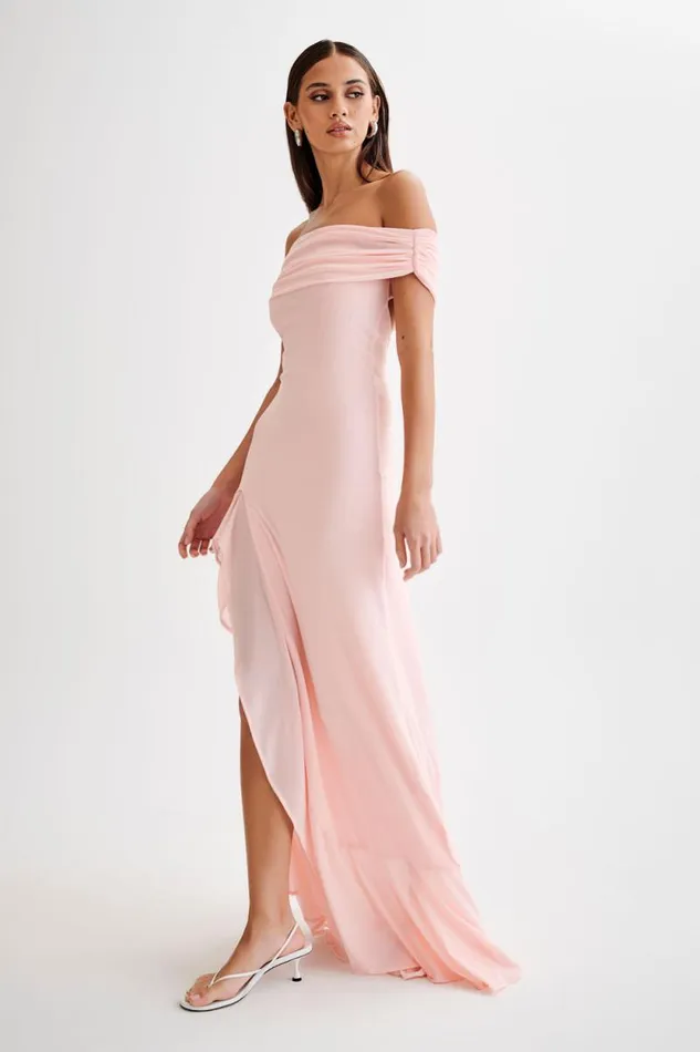 Women Meshki Dresses Audrey Off Shoulder Mesh Maxi Dress 8211 Pale Pink