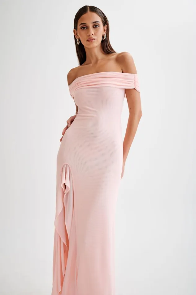 Women Meshki Dresses Audrey Off Shoulder Mesh Maxi Dress 8211 Pale Pink