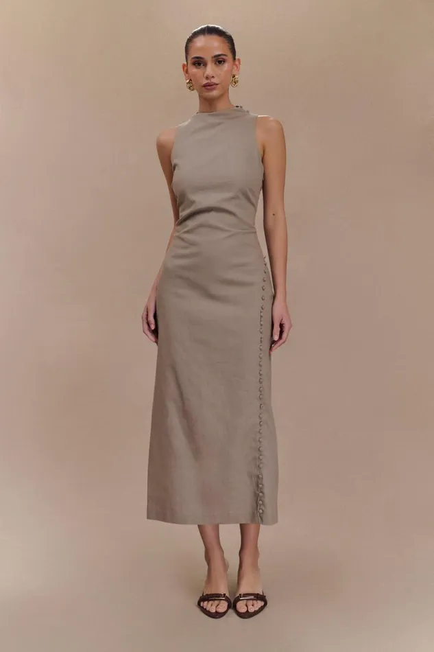 Women Meshki Dresses Bronte Linen Button Midi Dress 8211 Pebble
