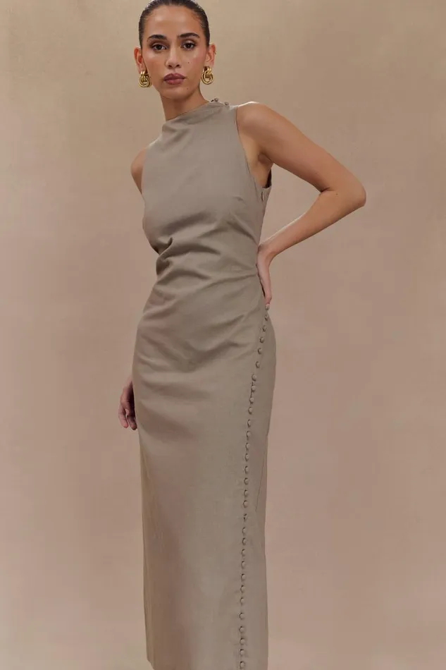 Women Meshki Dresses Bronte Linen Button Midi Dress 8211 Pebble