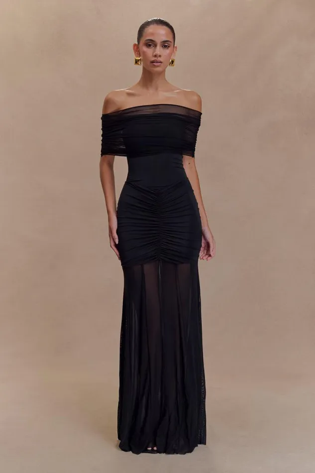 Women Meshki Dresses Caspian Slinky And Mesh Off Shoulder Maxi Dress 8211 Black