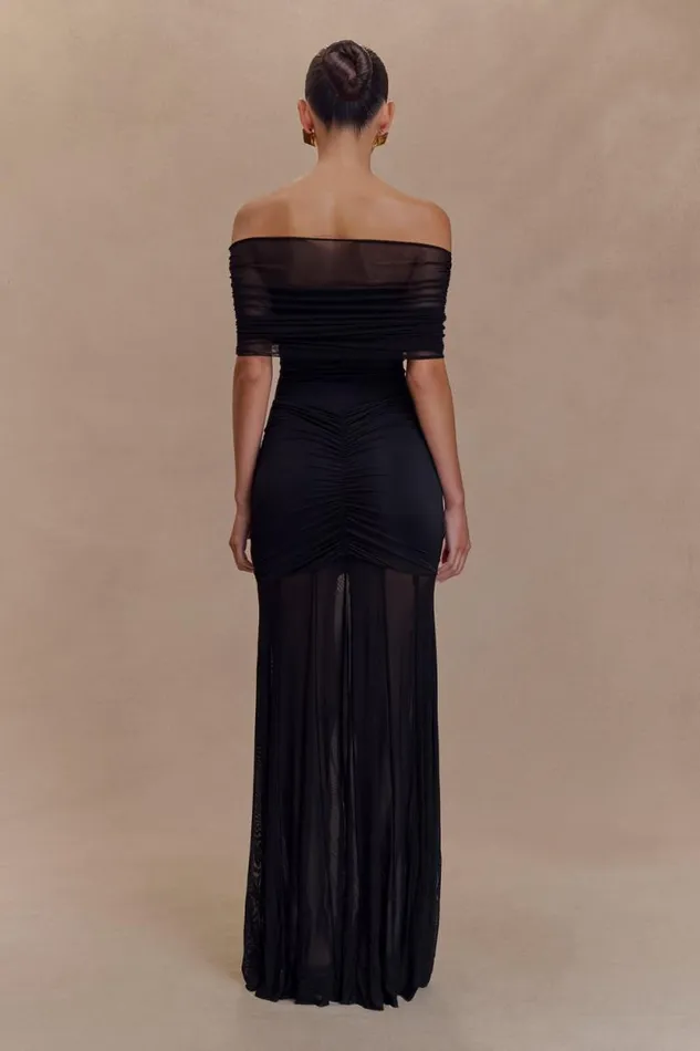 Women Meshki Dresses Caspian Slinky And Mesh Off Shoulder Maxi Dress 8211 Black